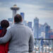 My fiance and I looking away from the camera, at the Space Needle